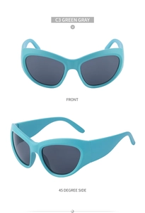 Vues de face et de profil de lunettes de soleil sportives turquoise à verres gris