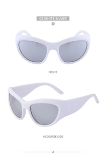 Vues de face et de profil de lunettes de soleil sport blanches avec verres miroir argent