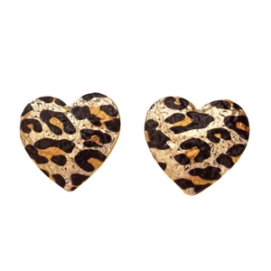 Elegant heart-shaped leopard print stud earrings with textured metallic finish