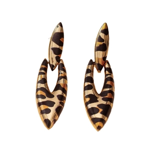 Leopard print double spindle drop earrings with hollow geometric design and gold edges