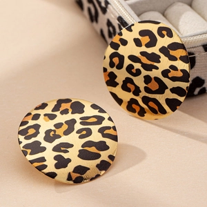 Elegant round leopard print stud earrings with brushed metal texture for women fashion