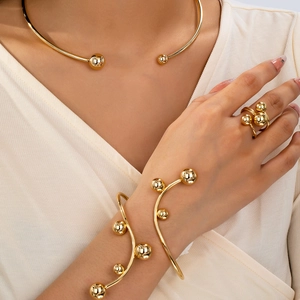 Parure Bijoux Alliage Plaqué Or Collier Ras Du Cou Bracelet Jonc Ouvert Et Bague Design Boule Ronde Pour Femme Mode