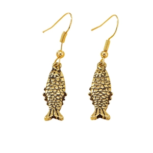 Fashionable vintage gold fish drop earrings with detailed scale patterns and hook design