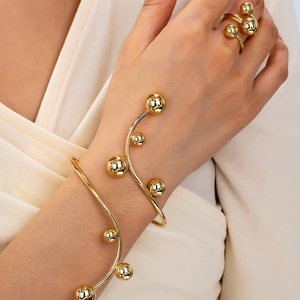 Bijoux Géométriques Minimalistes Bracelet Et Bague À Billes Rondes Accessoires De Mode Élégants En Fer Poli Femmes