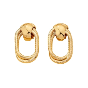 Elegant gold vintage oval stud earrings with geometric rope texture on white background
