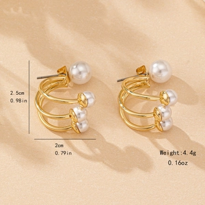 French style gold-plated C-shaped earrings with multiple faux pearls for women