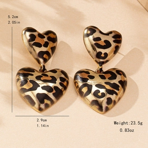 Chic leopard print double heart drop earrings with vintage polished alloy design