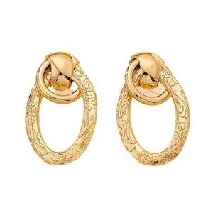 Fashionable gold oval geometric drop earrings with vintage floral embossed texture