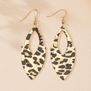 Close-up of geometric hollow leopard print earrings with gold hook and sleek finish