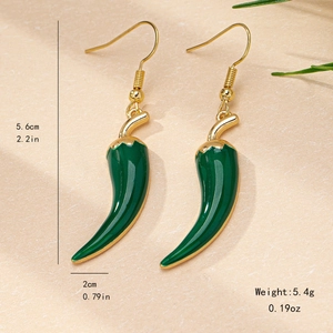 Green chili pepper drop earrings with gold hooks and detailed size and weight dimensions