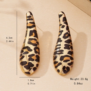Vintage leopard print teardrop earrings with matte gold texture and size measurements