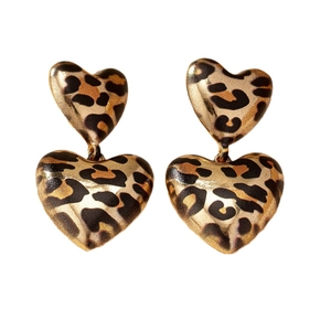 Elegant gold-plated heart drop earrings with vintage leopard print patterns for women