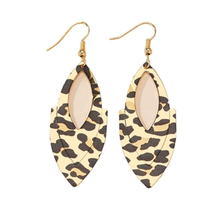 Fashionable leopard print teardrop hollow earrings with gold-tone fishhook wires