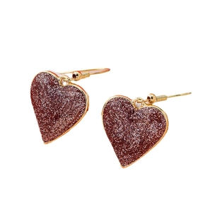 Fashionable golden heart hook earrings with dark reddish-brown glitter filling for women