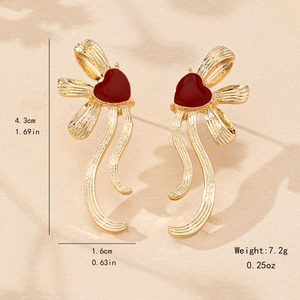 Elegant gold heart flower earrings with deep red enamel and ribbon design for women