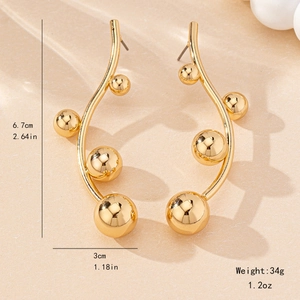 Elegant gold curved linear earrings with polished metal beads, 6.7cm drop length