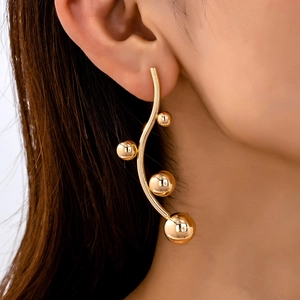 Curved Line Earrings Alloy Gold Plated Multiple Beads Elegant Fashion Jewelry For Women Geometric Artistic Design