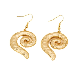 Elegant gold spiral hammered drop earrings with fish hook design for daily wear