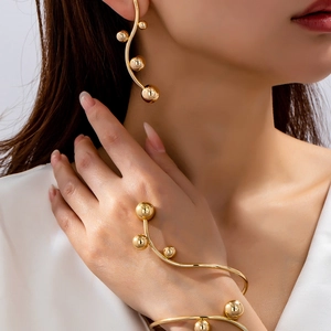 Minimalist Golden Alloy Earrings And Arm Ring Bracelet Jewelry Smooth Flowing Line Metal Beads For Women
