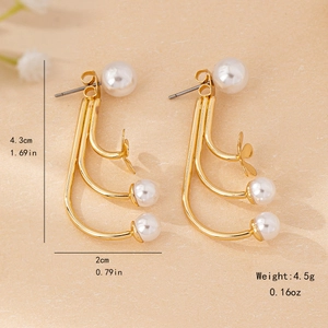Elegant gold flower pearl earrings with triple curved lines and size specifications