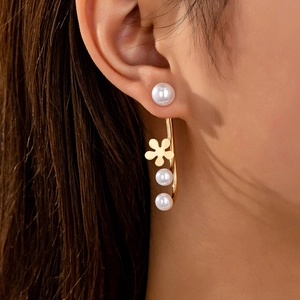 Elegant Flower Artificial Pearl Drop Earrings Gold Tone Alloy Multi Layer Curved Floral Dangle For Women French Vintage Style