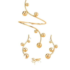 Elegant gold metal bead jewelry set with S-curve spiral bracelet earrings and ring