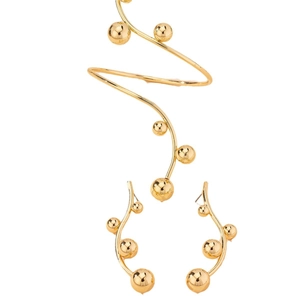 Elegant gold bead jewelry set featuring a spiral cuff bracelet and matching curved earrings