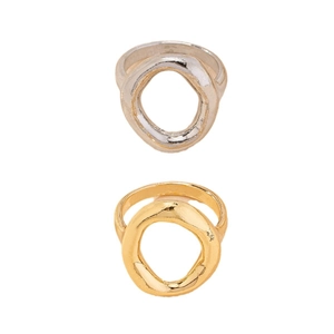 Minimalist geometric hollow round rings in gold and silver with organic lava texture
