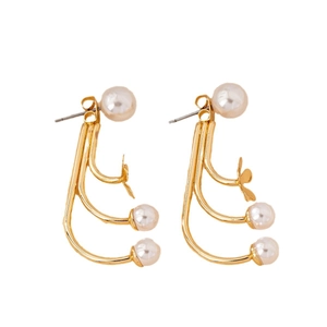 Elegant gold flower pearl earrings with triple U-shape curves and white pearls