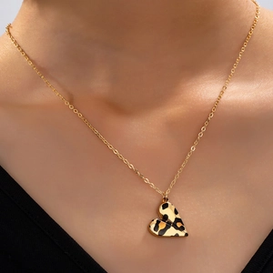 Leopard Print Heart Pendant Necklace Alloy Golden Cross Chain Elegant Fashionable Jewelry For Women Adjustable