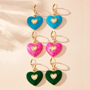 Fashionable enamel heart earrings in blue, pink, and green with golden hooks