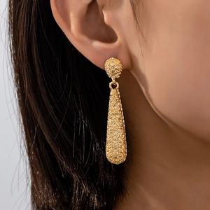 Boucles D Oreilles Goutte D Eau Texture Martelée Alliage De Zinc Long Géométrique Pendant Bijoux Pour Femmes Vintage Mode Ton Or