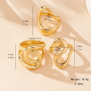 Three-piece gold irregular geometric rings set with detailed size and weight specifications