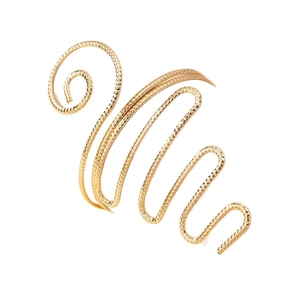 Golden spiral snake arm cuff with diamond-cut texture on a clean white background