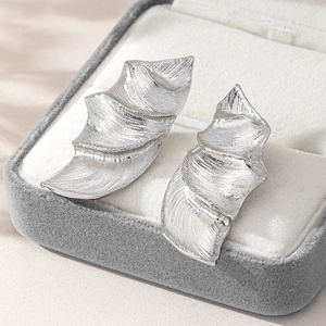 Boucles d'oreilles feuilles argentées avec texture métal brossé sur boîte à bijoux