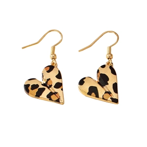 Fashionable leopard print heart-shaped earrings with gold fishhook ear wires