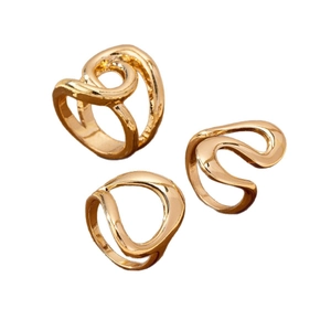 Three-piece gold plated irregular wave ring set with a high polished mirror finish for women