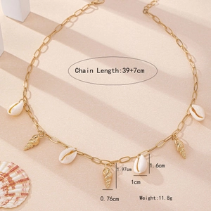 Elegant gold bohemian necklace with seashells and conch charms, chain 39+7cm, 11.8g