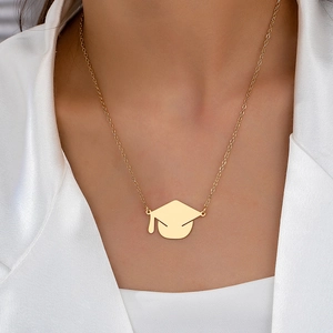 Graduation Cap Pendant Necklace Zinc Alloy Golden Polished Minimalist Doctoral Hat Jewelry Gift For Women Students