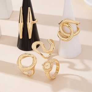 Elegant 5-piece gold geometric ring set with wave and watch dial creative designs