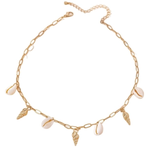 Bohemian gold chain necklace with five natural white shells and three golden conch pendants