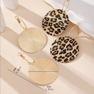 Set of large leopard print and gold textured round disc earrings with French hooks