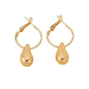 Elegant French style teardrop earrings in polished gold-plated finish with hoop drops