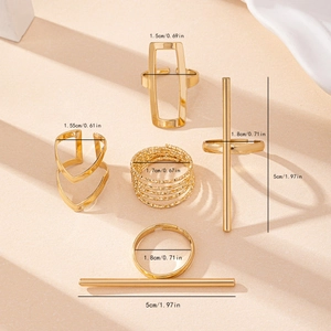 Five-piece set of golden geometric spring rings featuring minimalist stylish designs