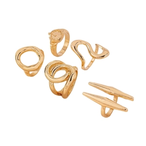 5-piece gold geometric ring set featuring clock dial, wavy bands and twisted designs