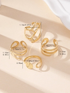 Detailed size guide for 4-piece set of gold geometric open rings with dimensions