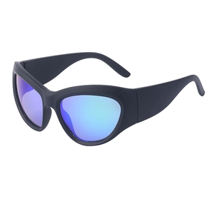 Lunettes de soleil sport œil-de-chat noir mat avec verres miroir bleus pour cyclisme