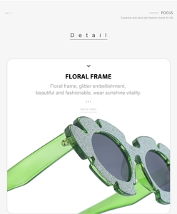 Close-up of translucent jelly green floral sunglasses frame with silver glitter finish