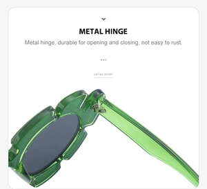 Close-up of durable metal hinge on green irregular flower-shaped sunglasses