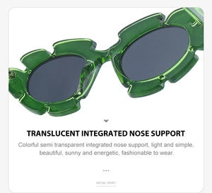 Macro detail of transparent flower-shaped sunglasses featuring comfortable integrated nose pads